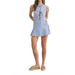 NEW MABLE gingham tie front bow tie top pleated mini skirt set in blue & white
